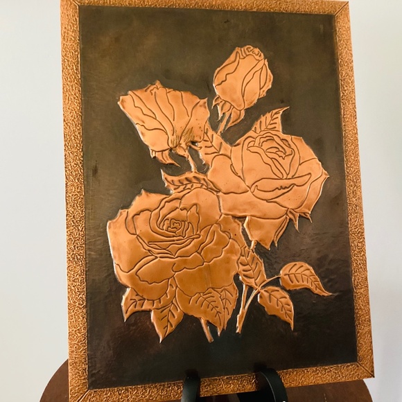 This is a vintage copper relief art piece featuring embossed roses - Picture 1 of 4
